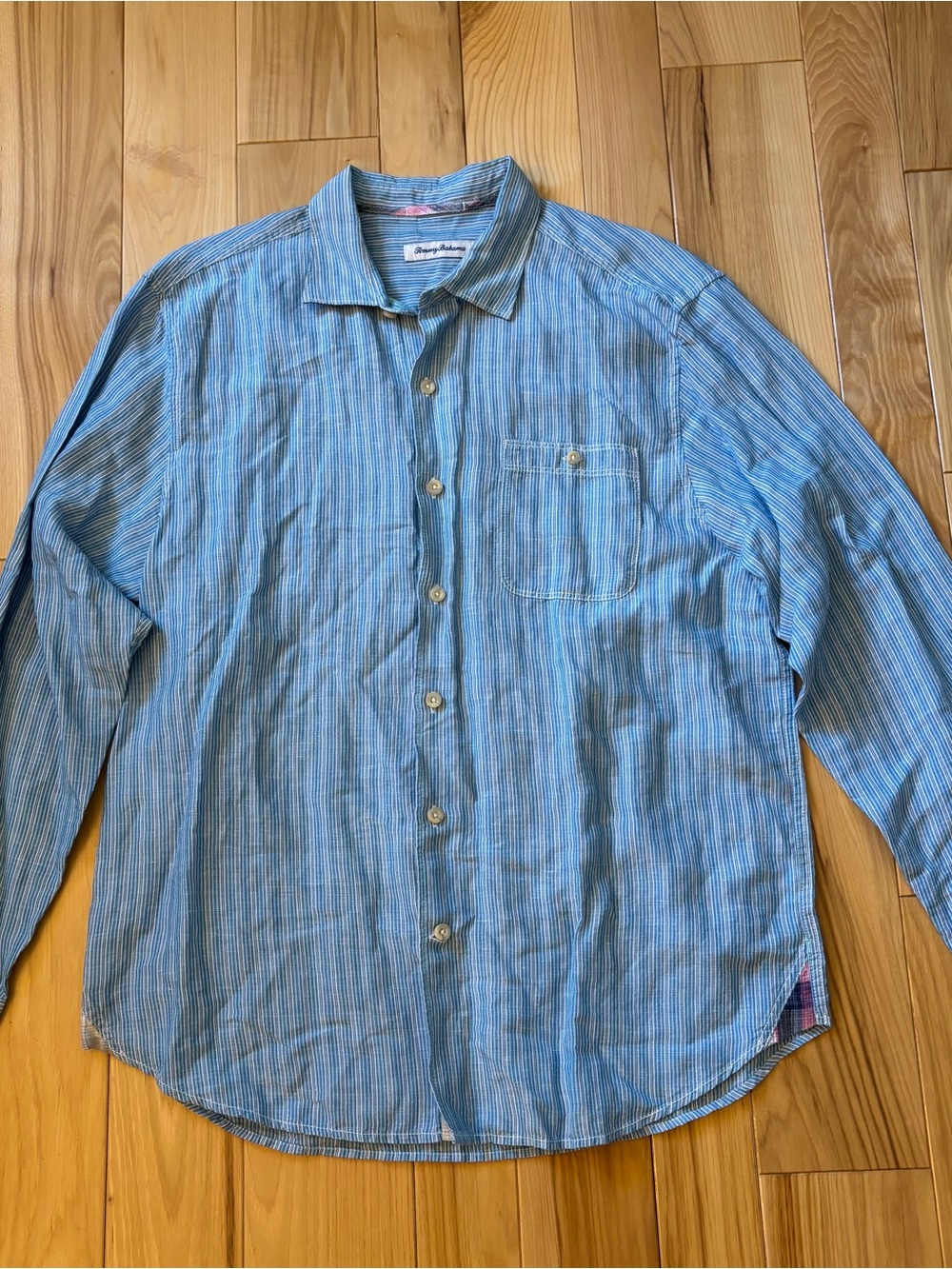 Tommy Bahama Linen Blend Blue Striped Long Sleeve Button Front Shirt